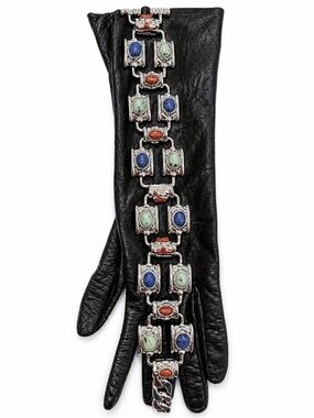 Black Leather Long Gloves with Multicolor Stone Chain Detail